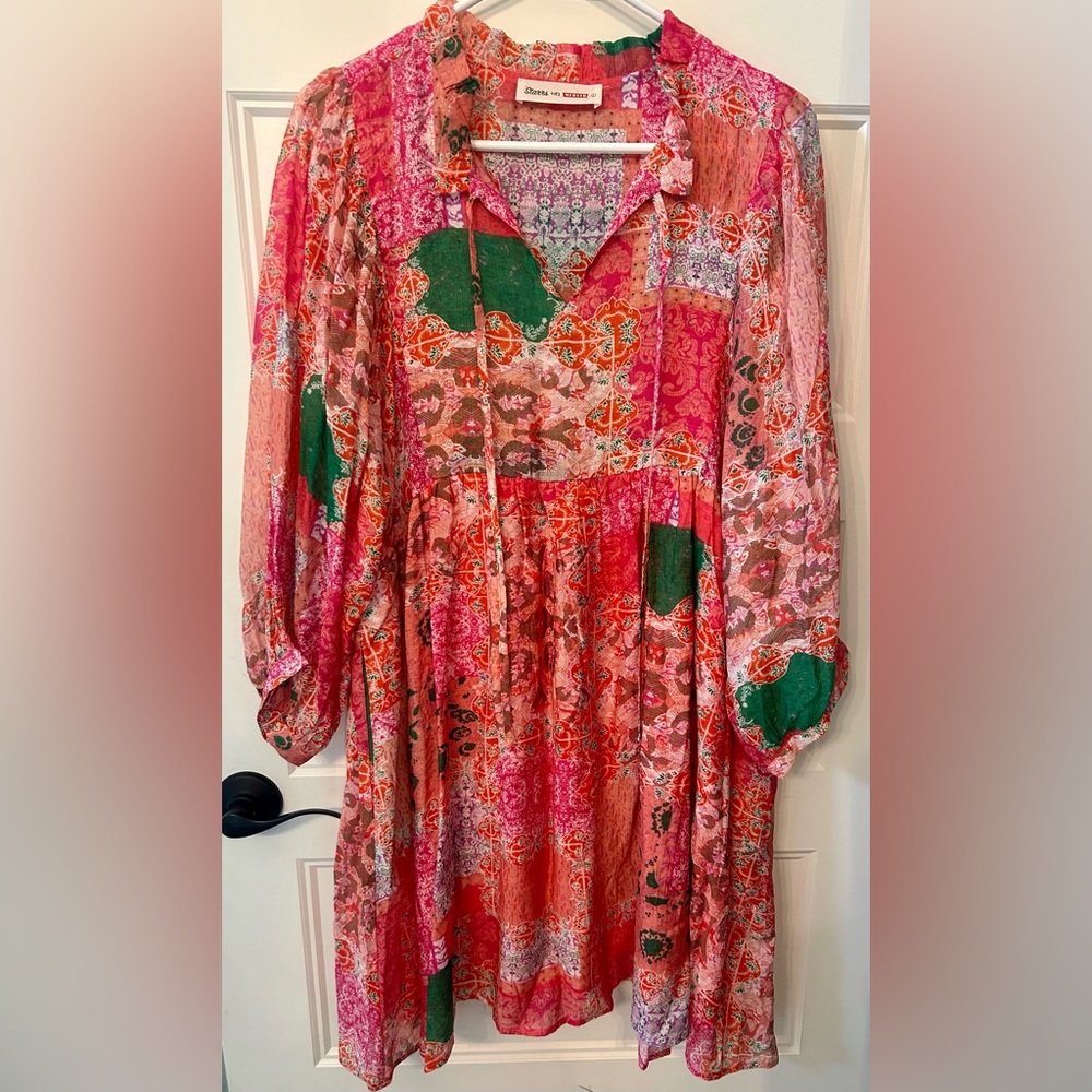 Pink & Green Patchwork Floral Knee Length Dress